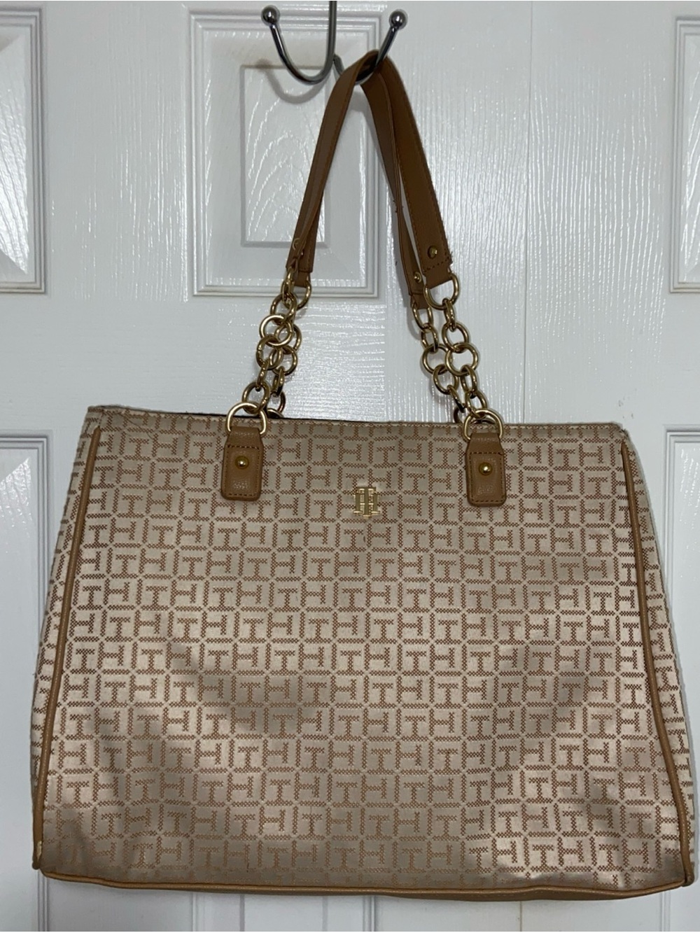 Tommy Hilfiger Tan Monogram Shoulder Tote with Gold Chain Handles